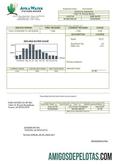 Para baixar modelo de conta de serviços públicos de água dos EUA, Arizona Avra ​​Water, em formatos Word e PDF